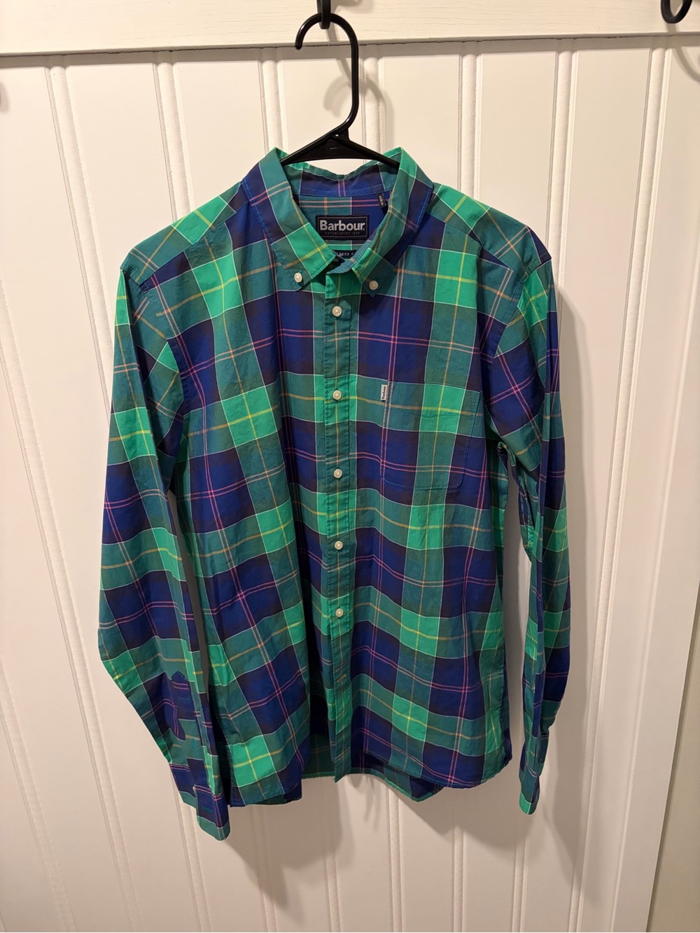 Barbour Men’s Blue and Green Plaid Button-Down Shirt SZ M